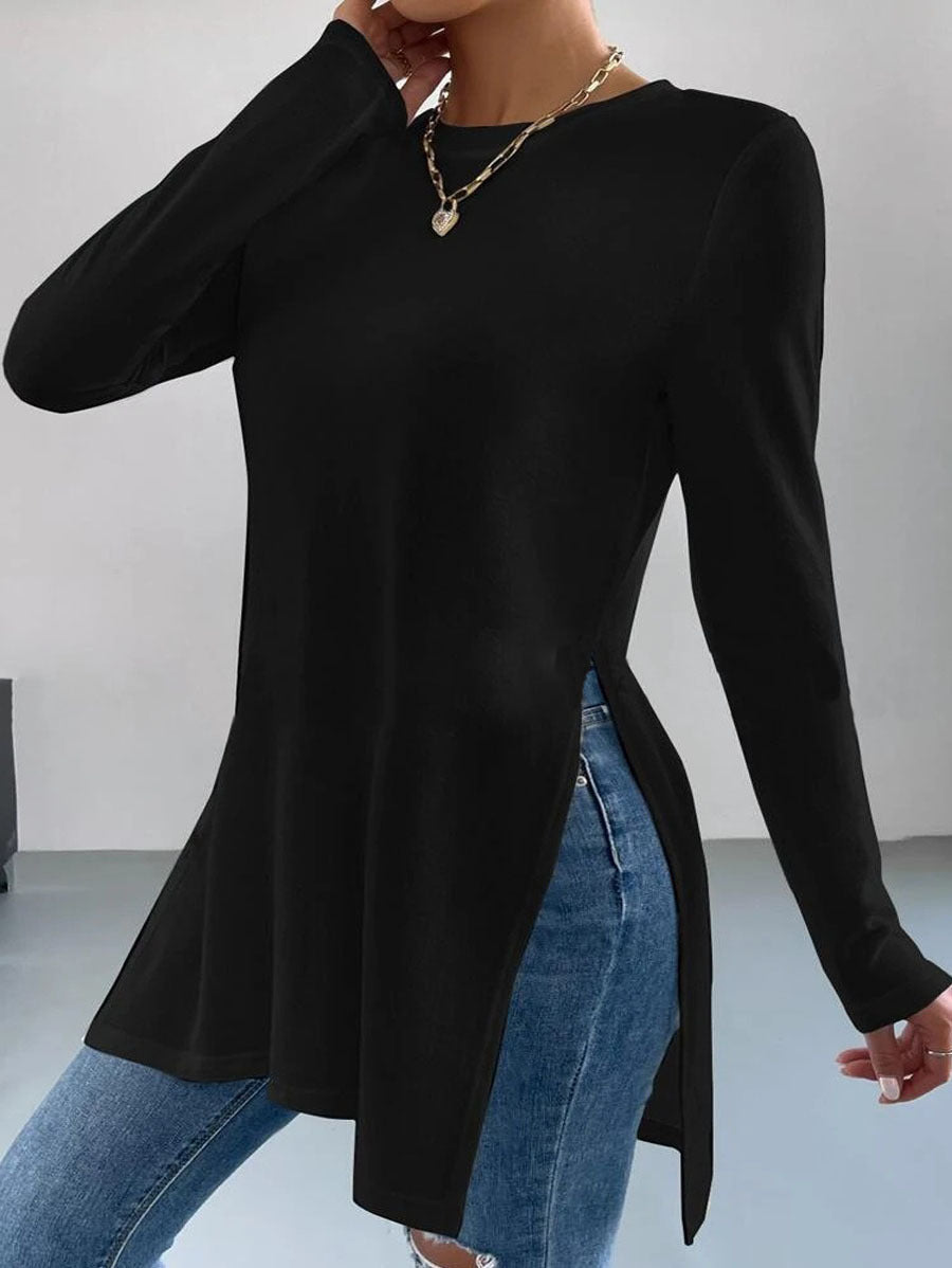 Damen Langarm Tunika mit Seitenschlitzen Elegant Modern