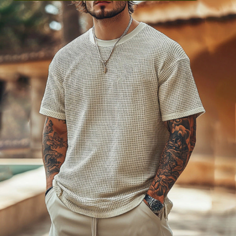Herren T-Shirt Waffelstrick Rundhals Lässig Casual - BerlinGlamour
