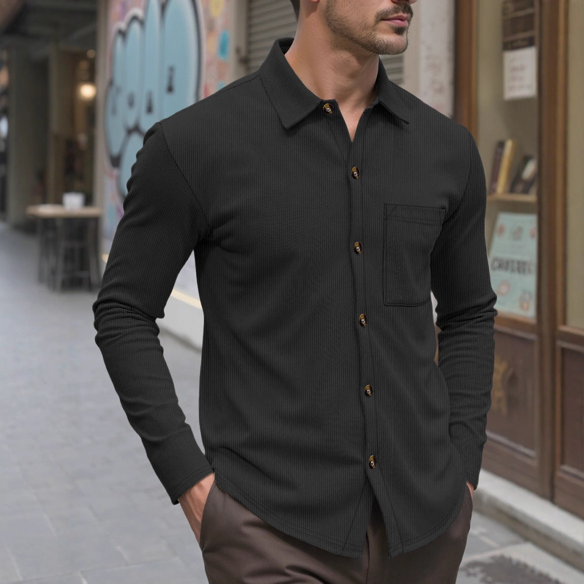 Herren Langarmhemd Modern mit Brusttasche und feiner Struktur