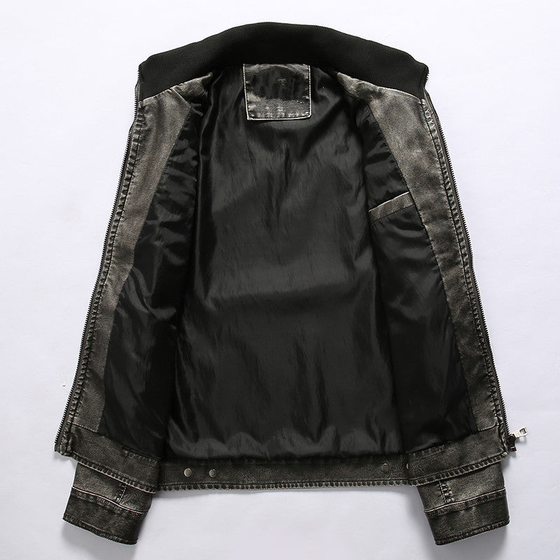 Herren Lederjacke Robust Militär Stil Schwarz