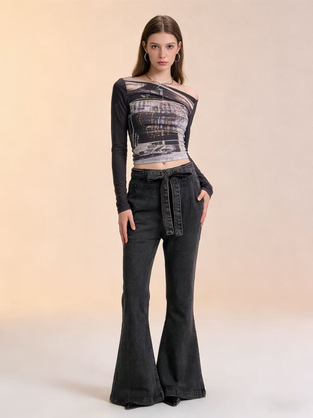 Damen Jeans Hoher Bund Stretch Flared Bequem