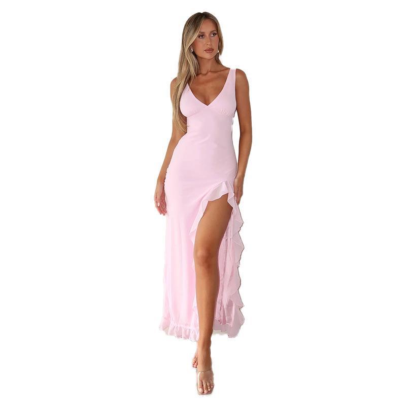 Damen Maxikleid Lang Fließend mit Schlitz Elegent