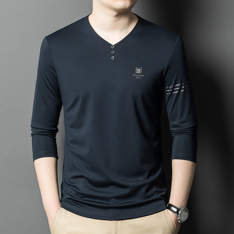 Herren Langarmshirt V-Ausschnitt Modern Knöpfe - BerlinGlamour