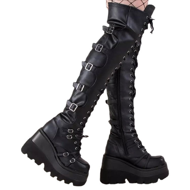 Damen Plateau Stiefel Hoch mit Reißverschluss und Schnürsenkel Schwarz