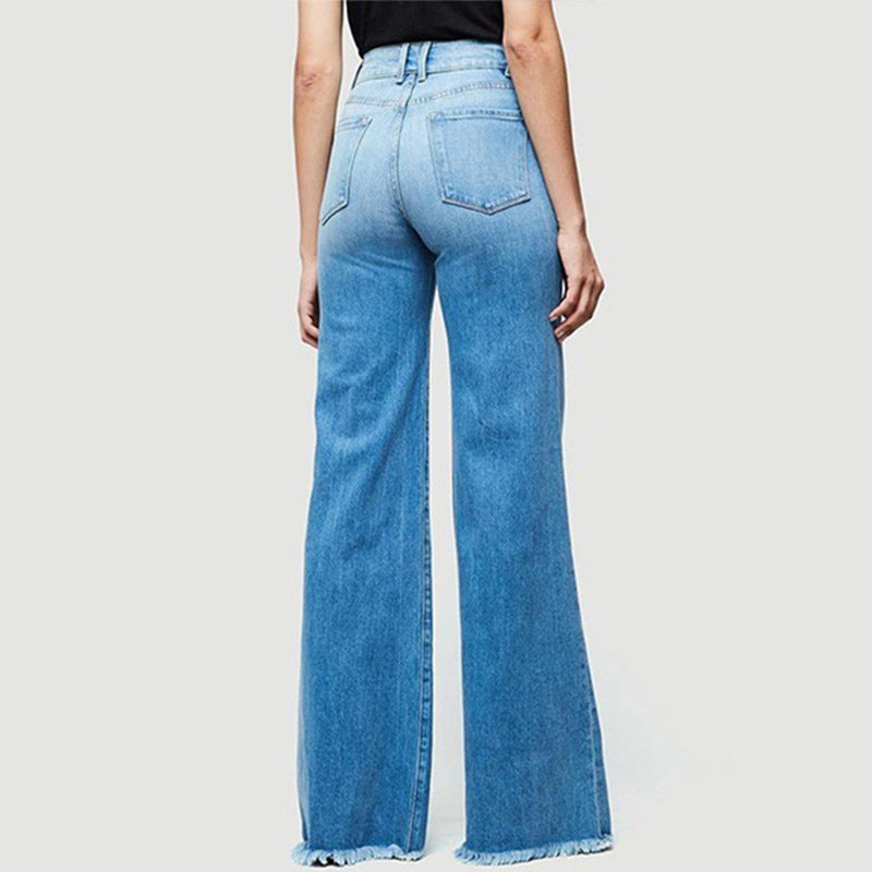 Damen Schlaghose Ausgefranst Jeanshose Trendy