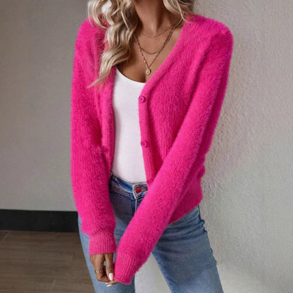 Damen Strickjacke Kuschelig V-Ausschnitt Mit Knöpfen
