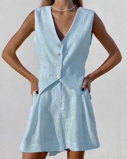Leinen Weste und Shorts Set Geschäftlich Elegant Sommer