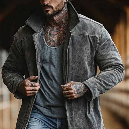 Herren Langmantel Wildleder Modern Schwarzer Ledermantel