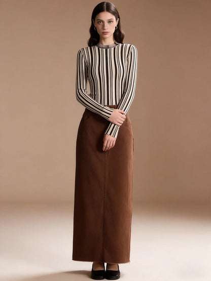 Damen Maxi-Rock Jeans Hochwerder mit Fransen