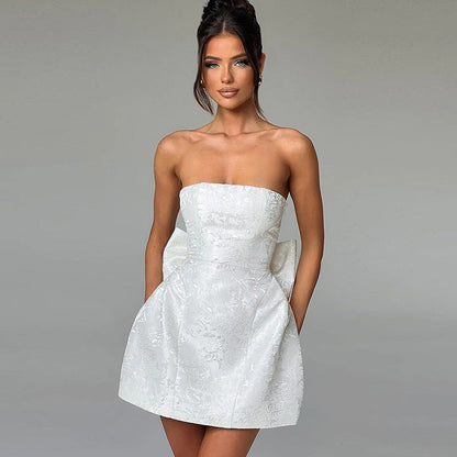 Kurzes Abendkleid Schulterfrei Champagnerfarbe Schleife