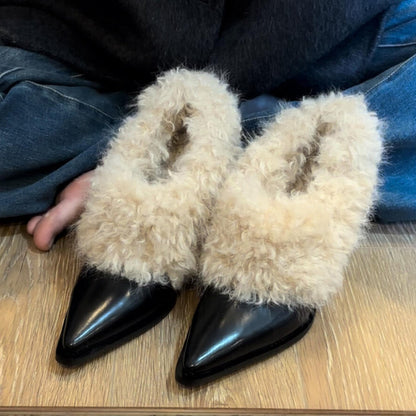 Damen Slipper Luxus Fell Spitze Zehen