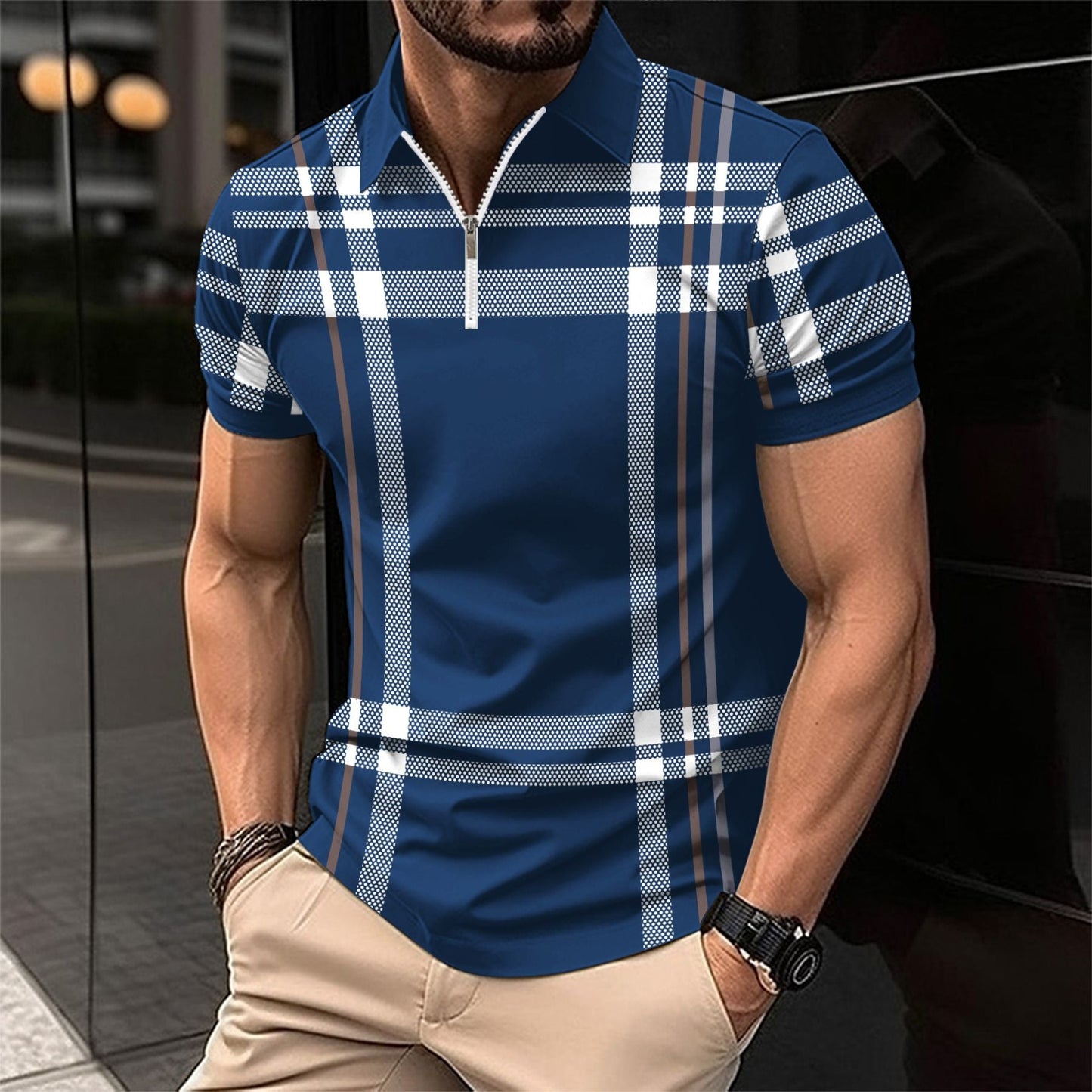 Herren Poloshirt Stehkragen Karomuster Modern