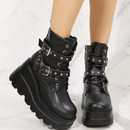 Damen Stiefeletten Wedge Absatz Schnalle Robust