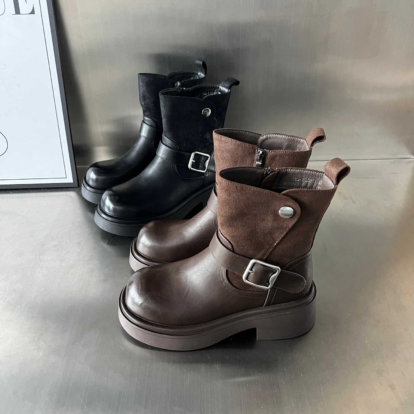 Damen Stiefel Boots Mit Riemen und Gummisohle Winter