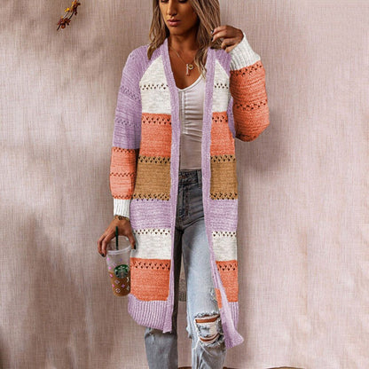 Damen Strickjacke Lang Modisch Streifenmuster Offen
