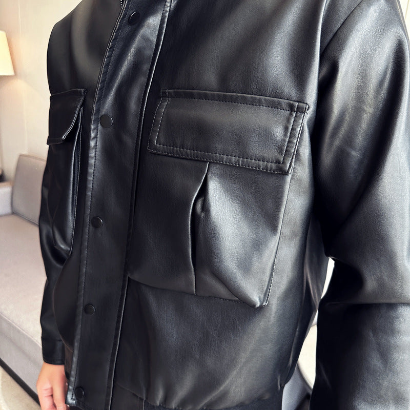 Herren Lederjacke Elegant mit Taschen Schwarz
