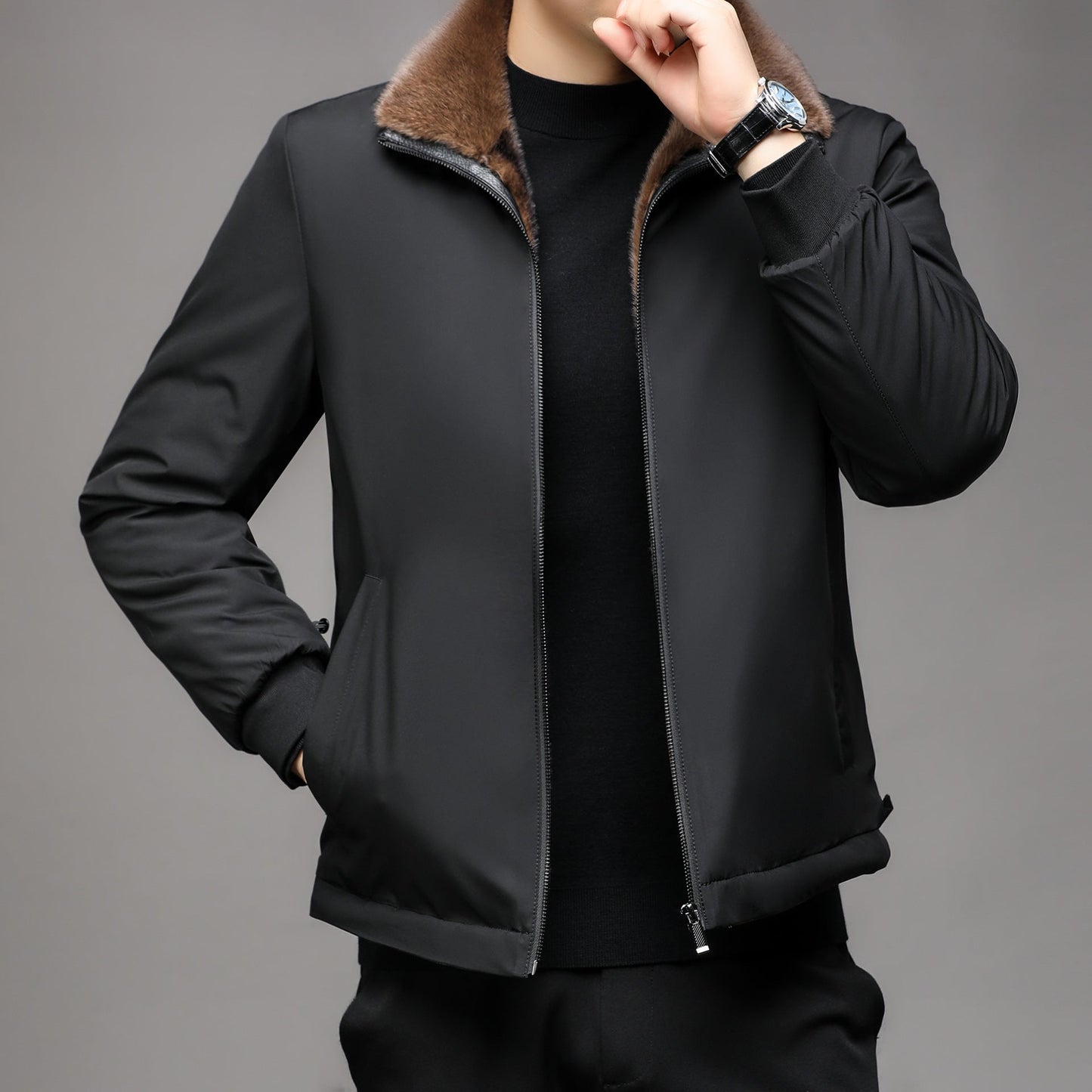 Herren Lederjacke Gefüttert Ledermantel Schwarz Elegant