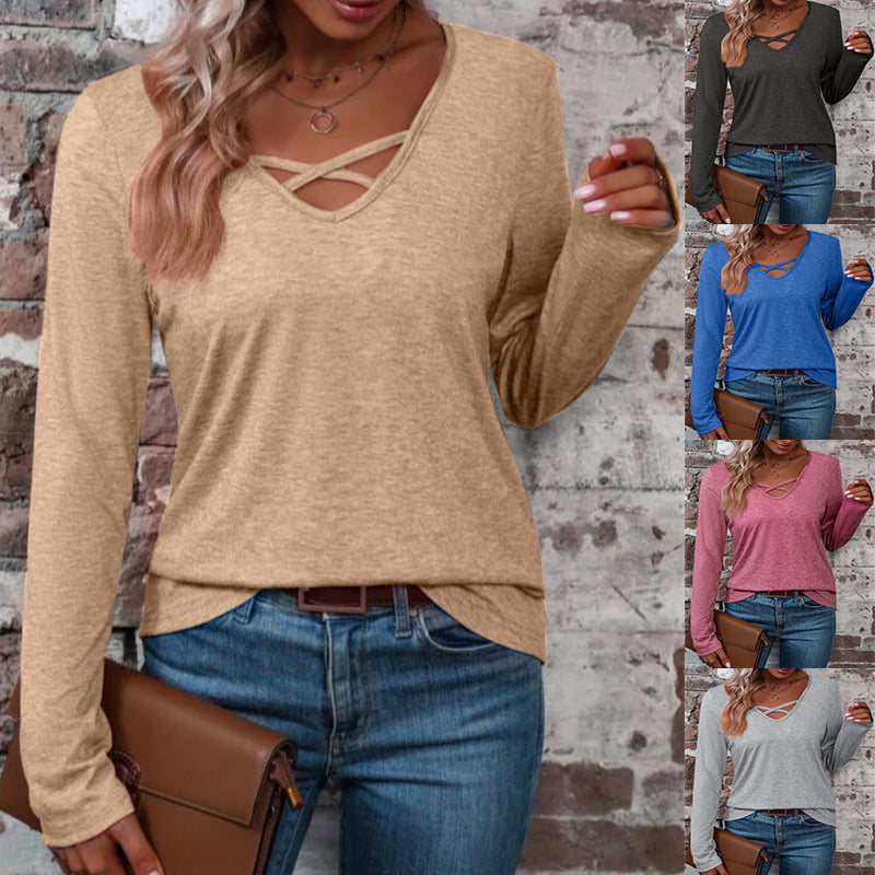 Damen Shirt Langarm Kreuzausschnitt Elegantes Oberteil - BerlinGlamour