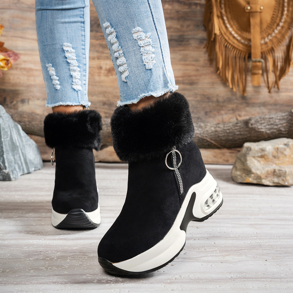 Damen Stiefel Sneaker mit Weichem Fellkragen Trendy Reißverschluss