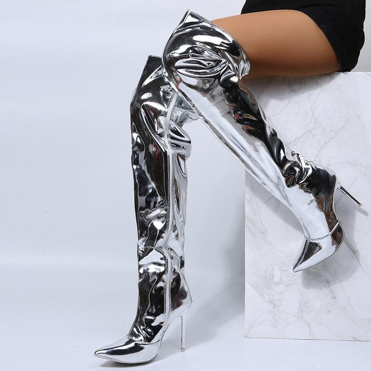 Damen Stiefel Hoch Spitze Glänzend Schwarz - BerlinGlamour