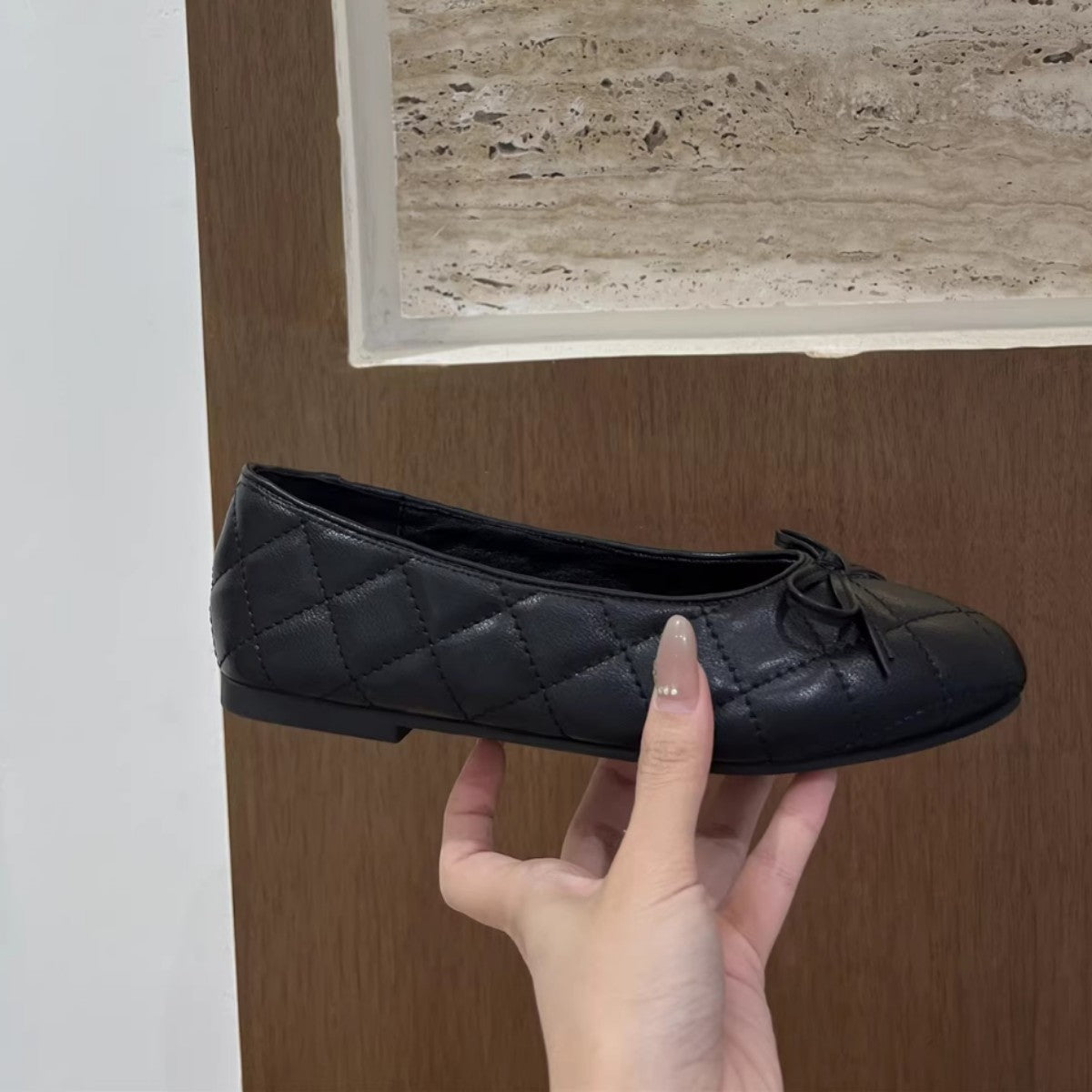 Damen Ballerinas Elegante Quilted Schleifen Detail Schwarz
