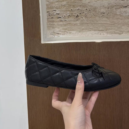 Damen Ballerinas Elegante Quilted Schleifen Detail Schwarz
