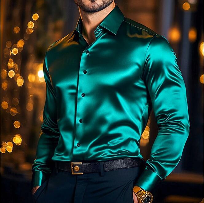 Herren Seidenhemd Langarm Elegant Tailliert Glänzend