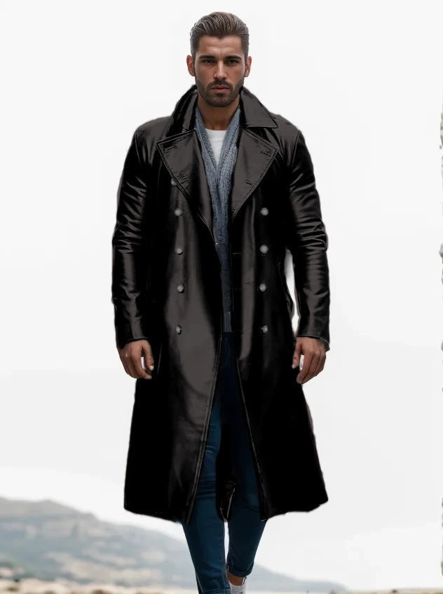 Herren Leder-Trenchcoat Elegant Moderner Schnitt