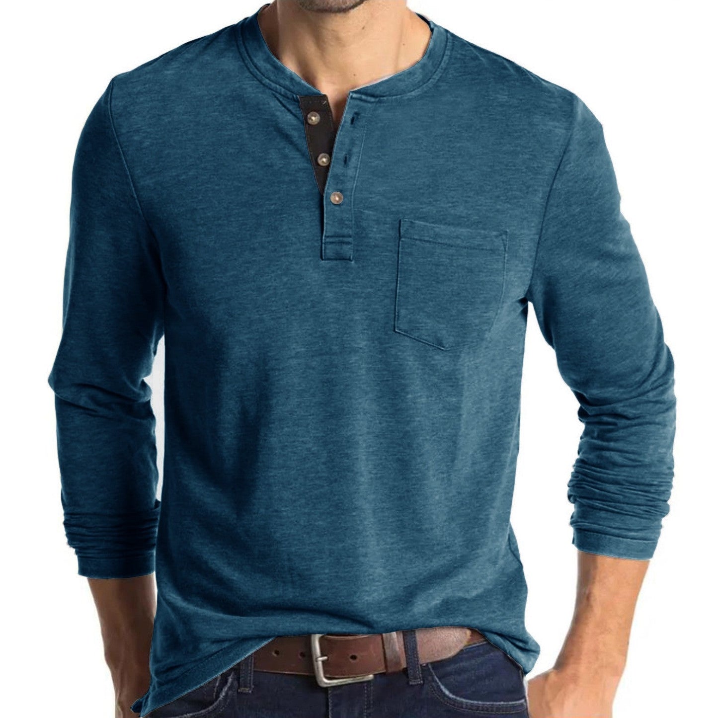 Herren Langarmshirt Modern mit Henleykragen und Brusttasche