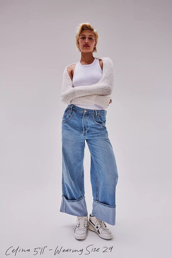 Damen Jeans Weite Bein Umgeschlagener Saum