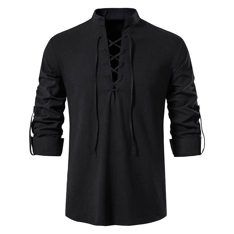 Herren Langarmhemd Modern Schnürfront Baumwolle