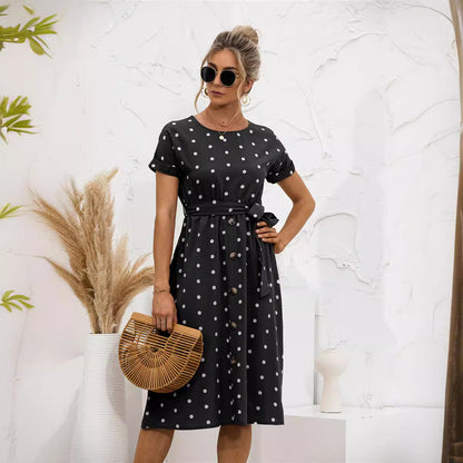 Damen Kleid mit Knöpfen Modernes Punkte-Design Schwarz