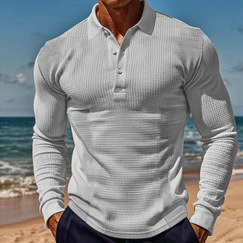 Herren Polohemd Langarm Strukturiert Modern Grau