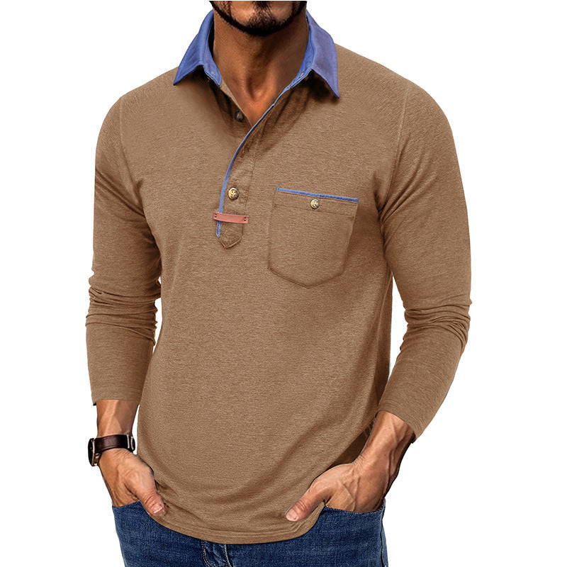 Herren Langarmshirt Mit Brusttasche Kontrastkragen Modern