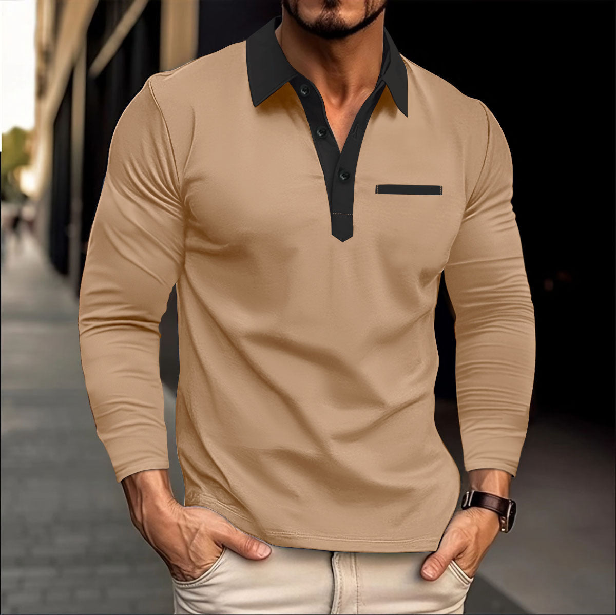 Herren Polo-Shirt Langarm Modern mit Kragen und Tasche - BerlinGlamour