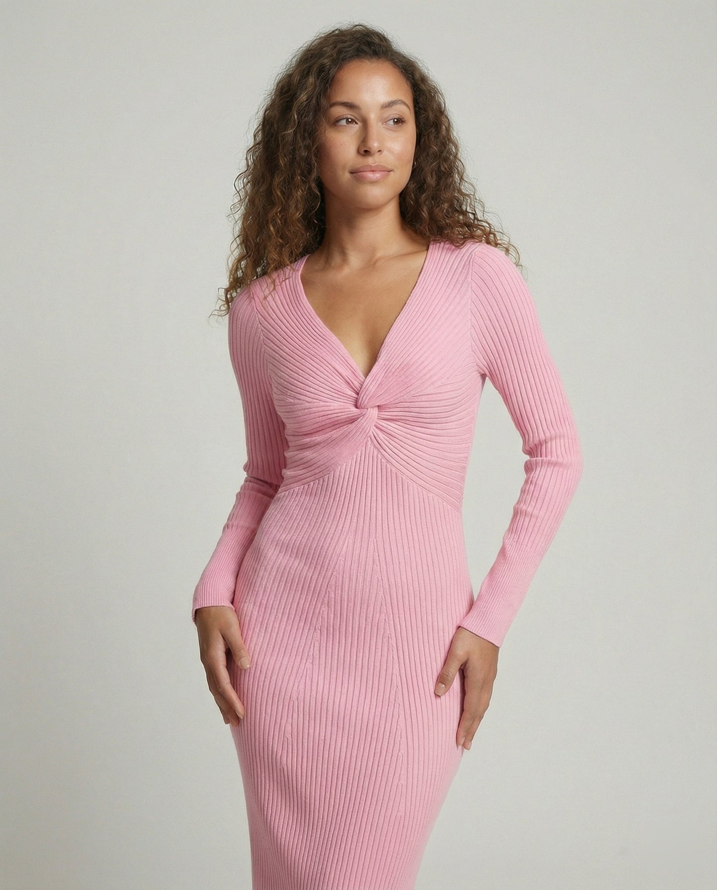 Damen Strickkleid Langärmlig Figurbetont Mit Knoten Detail