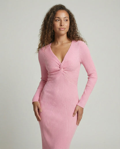 Damen Strickkleid Langärmlig Figurbetont Mit Knoten Detail