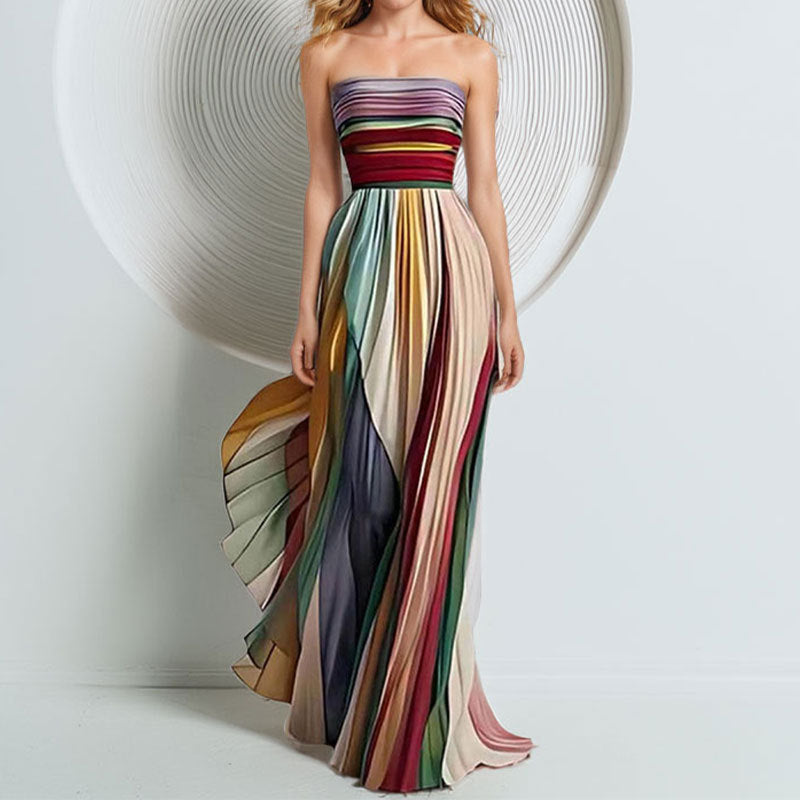 Damen Maxikleid Elegantes Gerafftes Oberteil Streifenmuster Farbenfroh