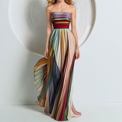 Damen Maxikleid Elegantes Gerafftes Oberteil Streifenmuster Farbenfroh