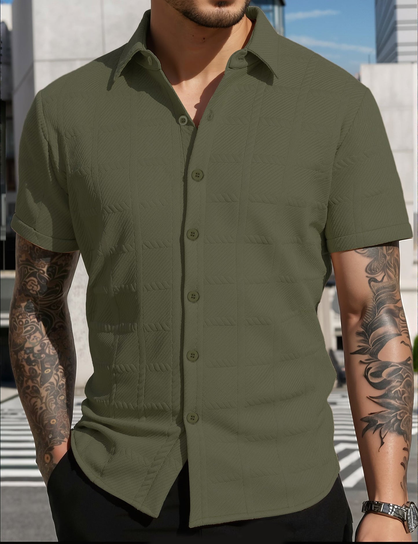 Herren Hemd Kurzarm Modern Strukturiert Elegant