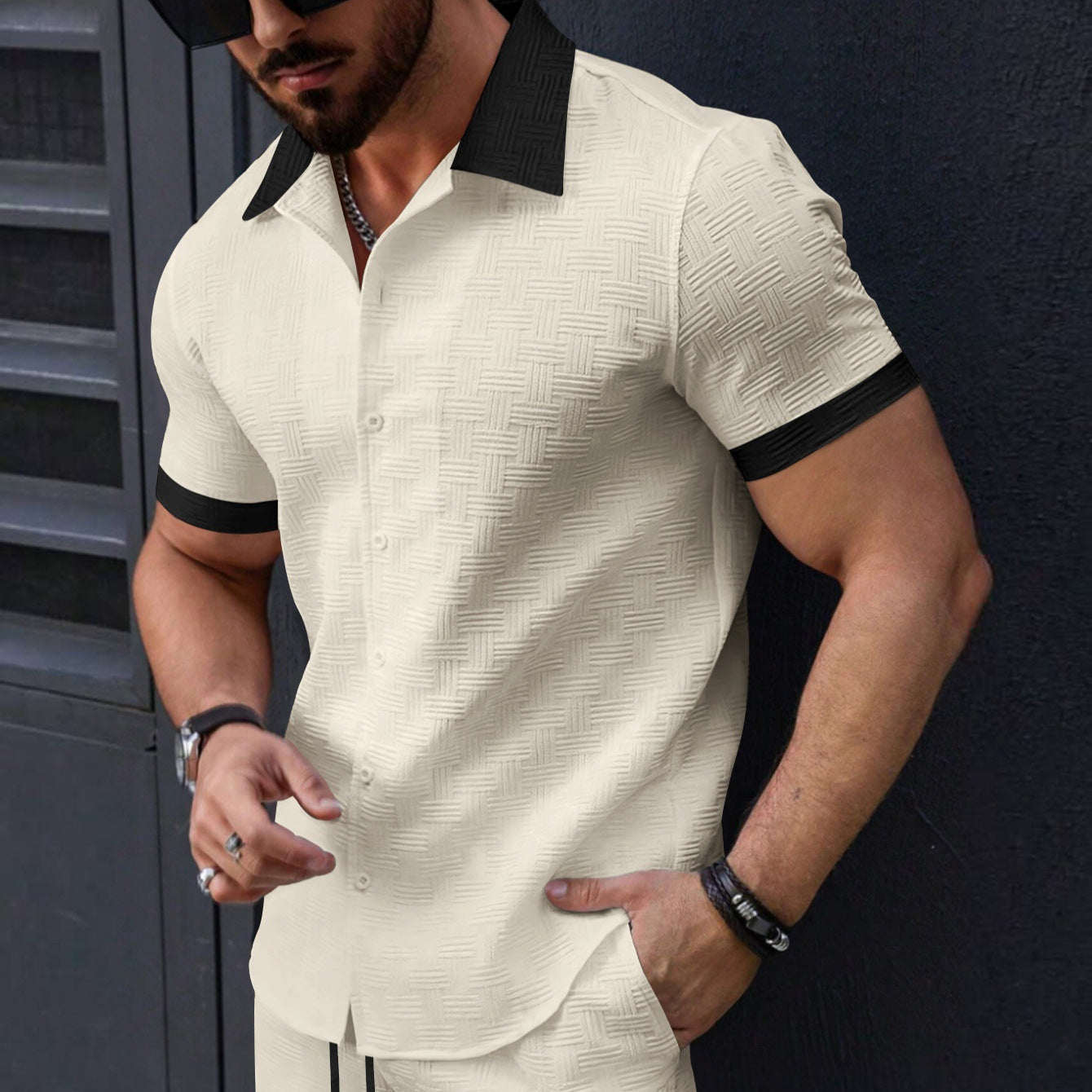 Herren Kurzarm Hemd Strukturstoff Knöpfe Modern