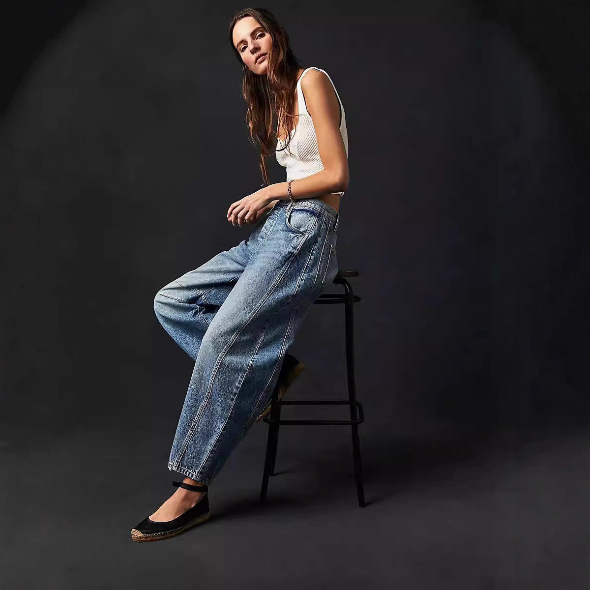 Damen Jeanshose Weite Bein Lässig Casual