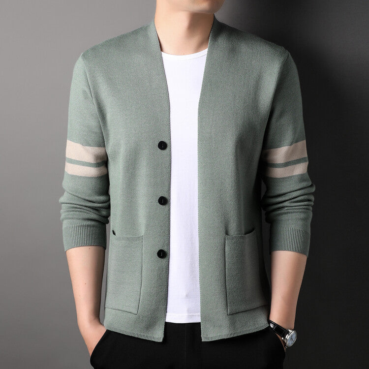 Herren Strickcardigan Modern Niedriger Kragen Streifen - BerlinGlamour