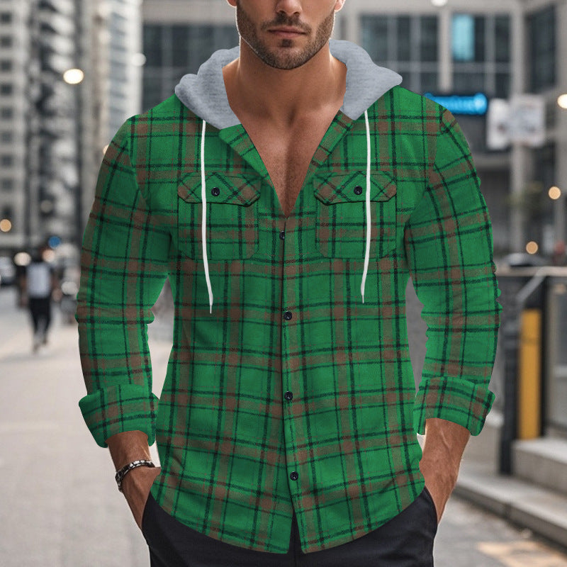 Herren Flanellhemd Kapuze Modern Karomuster Grau