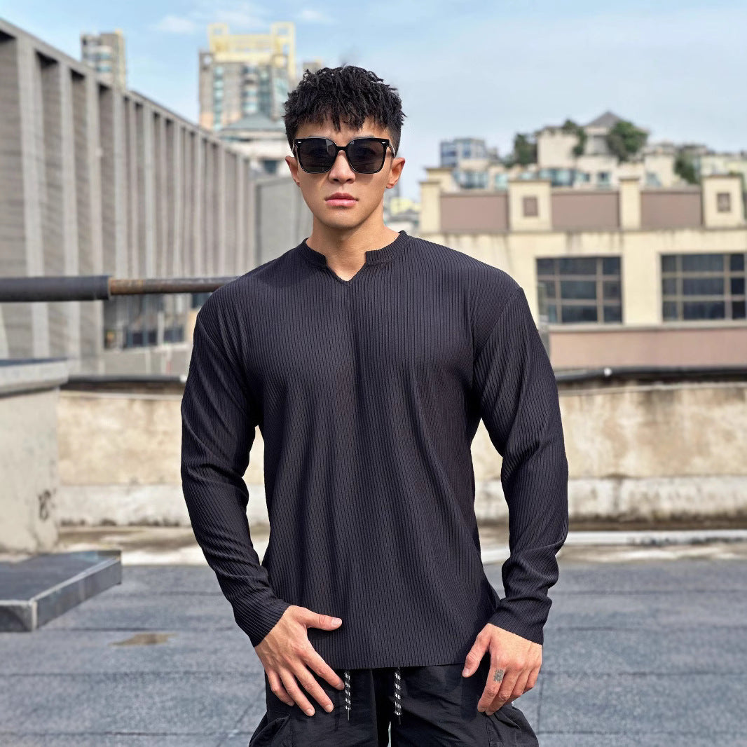 Herren Langarmshirt Stehkragen Modern Rippdesign