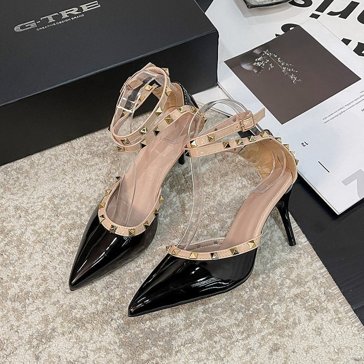 Damen Pumps High Heel mit Nieten und Riemen Elegant Schwarz