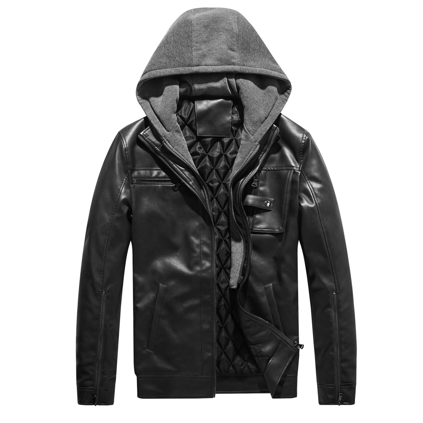 Lederjacke Herren mit Kapuze Schwarz Modern