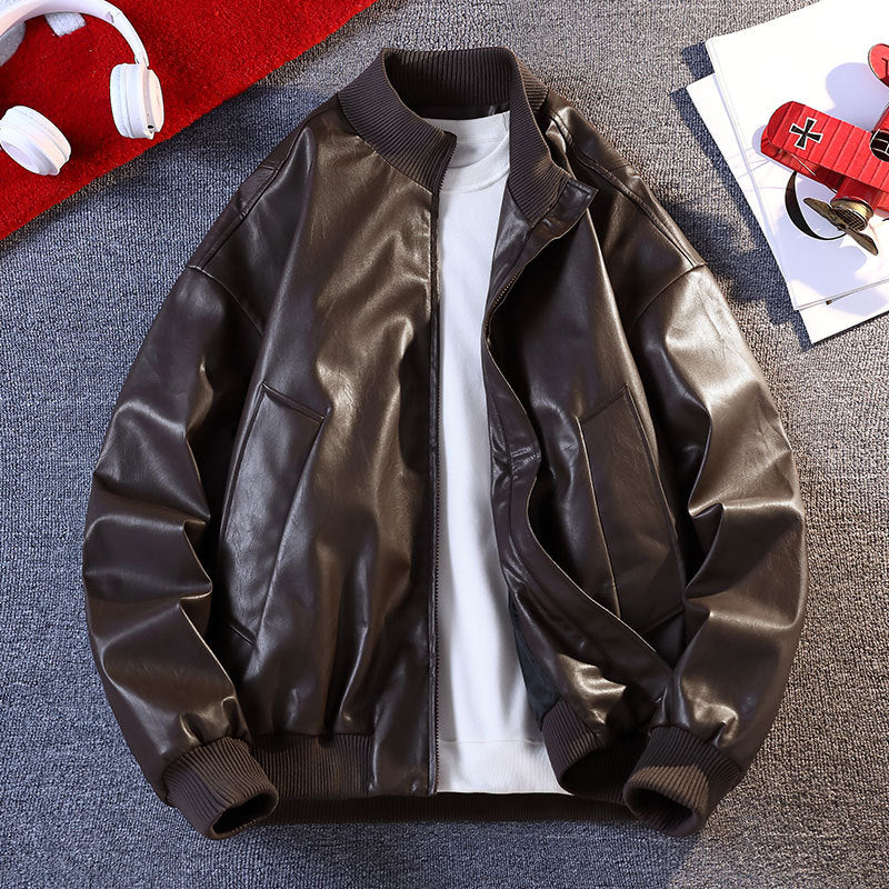 Herren Lederjacke Bomber Style Elastisch Rippbündchen Praktisch
