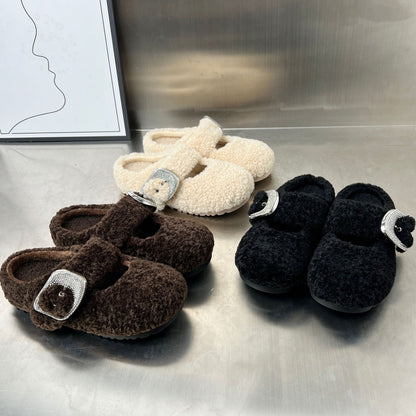 Damen Hausschuhe Flauschig mit Schnallen Weich Warm