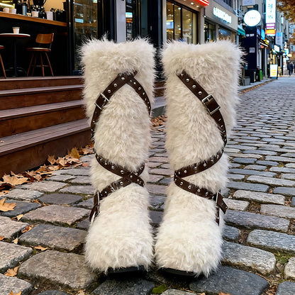 Damen Winterstiefel Flauschig mit Schnallen Schwarz